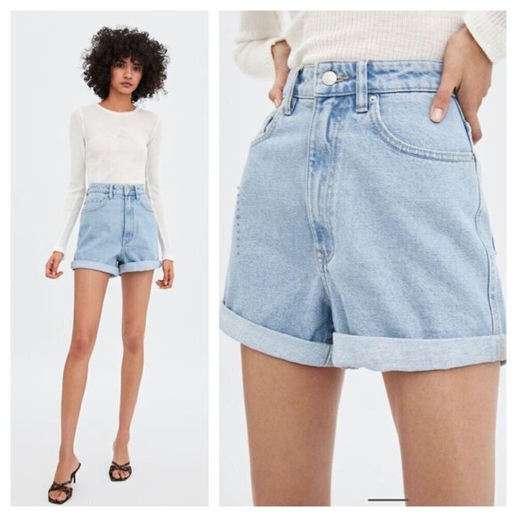 Zara Authentic Denim Mom Fit Bermuda Short High Waist Light Wash Blue Women's 00 - Picture 1 of 7